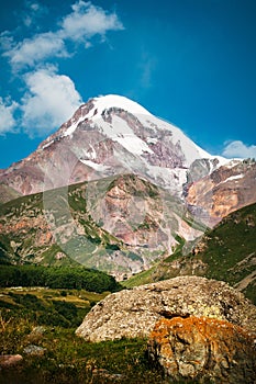 View of Mount Kazbek near Stepantsminda, Georgia