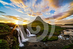 View of mount Kirkjufell and Kirkjufellfoss in Iceland