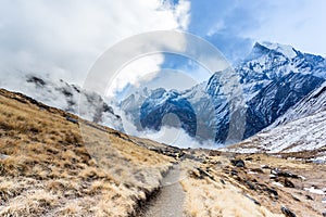 View of Mount Machapuchare from Nepali meaning Fishtail Mountain, Annapurna Conservation Area, Himalaya, Nepal.