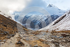 View of Mount Machhapuchhre, Annapurna Conservation Area, Himalaya, Nepal.