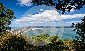 A view from mount Manganui looking down at Tauranga port in Tauranga New Zealand photo