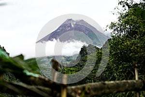 View of Mount Merapi in the morning, and slightly covered by clouds. Potentially eruptive volcano