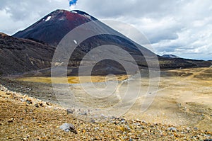 View of Mount Ngauruhoe - Mount Doom from Tongariro Alpine Crossing hike with clouds above