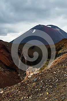 View of Mount Ngauruhoe - Mount Doom from Tongariro Alpine Crossing hike with clouds above and red crater in foreground