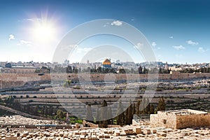 View from the Mount of Olives to Dome of the Rock and the old city of Jerusalem, Israel