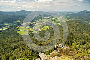 View from mount Osser to Lam, a small town in the Bavarian Forest