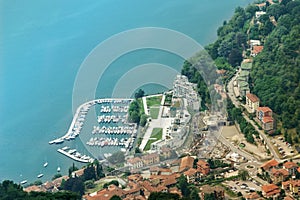 View from Mount Sasso del Ferro to Marina of Laveno Mombello at Lake Maggiore, Italy