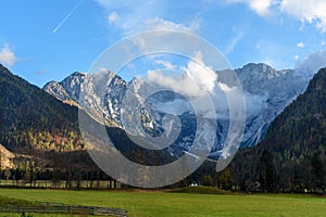 View of Mount Skuta from valley Zgornje Jezersko in northern Slovenia