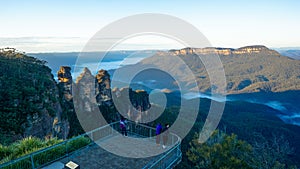 View of the Mount Solitary and The Three Sisters, Blue Mountains mountain range, Australia