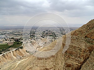 View from Mount Temptation over Jericho onto Dead sea and Jordan mountains