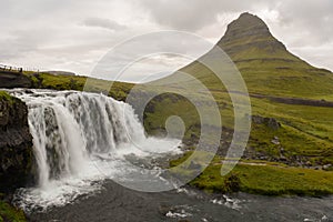 View at mount and waterfall of Kirkjufell at Grundarfjordur in Iceland