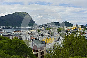 View from the mountain Aksla at the city of Alesund , Norway