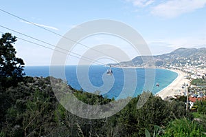 View from the mountain on Cleopatra`s beach in Alanya Turkey. Sunny day
