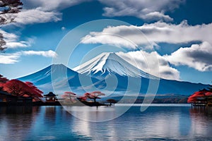 View of Mountain at clouds during koyo season from Lake photo