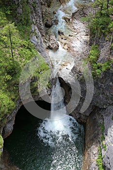 View of mountain falls from height of bird`s flight.