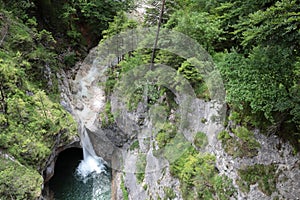 View of mountain falls from height of bird`s flight.