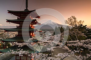 View of Mountain Fuji and Chureito Pagoda with cherry blossom in spring, Fujiyoshida, Japan