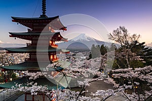 View of Mountain Fuji and Chureito Pagoda with cherry blossom in spring, Fujiyoshida, Japan