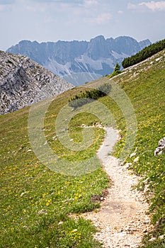 View from mountain Hochobir, Austria, with hiking path to Karawanks