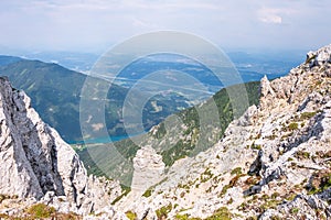 View from mountain Hochobir to valley Rosental, lake Freibach Stausee