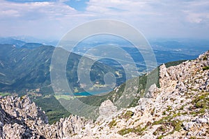 View from mountain Hochobir to valley Rosental, lake Freibach Stausee