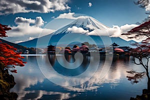 A view of the mountain during the koyo season from the lake