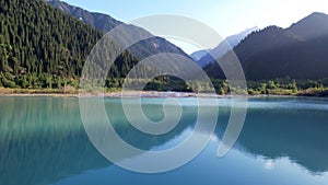 View of the mountain lake Issyk from a height.