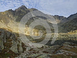 View on mountain lake Prostredne Spisske pleso at the end of the hiking route to the Teryho Chata mountain shelter in