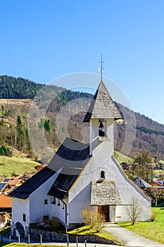 View on mountain landscape and church Zum Guten Hirten by Ramsau in Bavaria