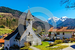 View on mountain landscape and church Zum Guten Hirten by Ramsau in Bavaria