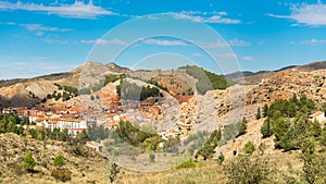View of the mountain landscape and the city of Molina de Aragon, Guadalajara, Spain. Copy space for text.