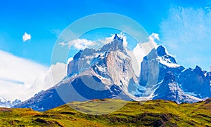 View of the mountain landscape in the national park Torres del Paine, Patagonia, Chile, South America. Copy space for text