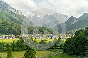 View of mountain landscape next to Kranjska Gora in Slovenia, view from the top of whole town Kranjska gora