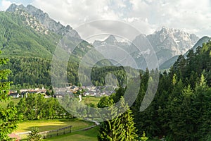 View of mountain landscape next to Kranjska Gora in Slovenia, view from the top of whole town Kranjska gora