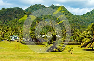 View of the mountain landscape, Rarotonga, Aitutaki, Cook Islands. Copy space for text