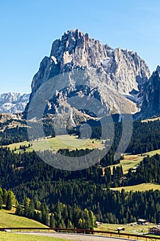 View of mountain Langkofel Sassolungo in Seiser Alm. South Tyrol, Italy