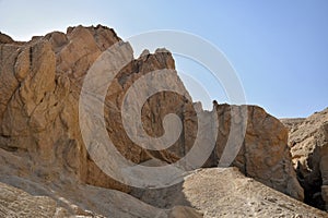 View of the mountain of natural sandstone against the blue clear sky. Desert landscape, Egypt, Africa. Copy space.