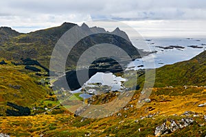 View from a mountain over the coast and villages on Lofoten Islands in Norway