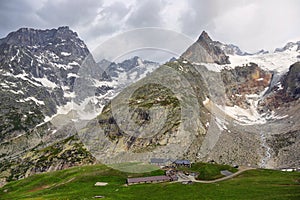 View of mountain peaks with glaciers in Val Ferret, Aosta valley, Italy