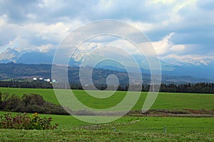 View of mountain peaks and green meadow in summer landscape of Tatra Mountains, Slovakia