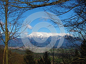 View of mountain peaks of Grintovec and Skuta in Kamnik-Savinja alps