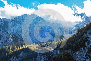 View of mountain peaks in Logar valley or Logarska dolina, Alps of Slovenia