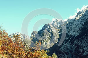 View of mountain peaks in Logar valley or Logarska dolina, Alps of Slovenia
