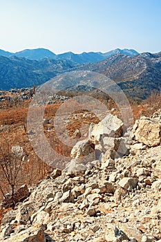 View of mountain range of Dinaric Alps  on sunny day. Karst landscape. Bosnia and Herzegovina