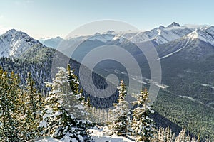 View of mountain ranges valley in the Canadian Rocky Mountains