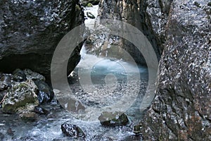 Mountain river stream. Serrai di sottoguda canyon, Veneto, Italy.