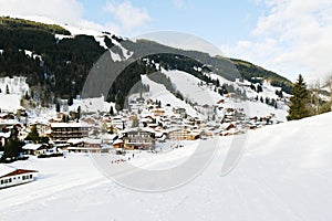 View of in mountain skiing resort town Les Gets