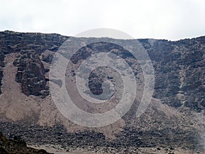 A view of the mountain slopes covered with landslides of stones and soil after a rock fall