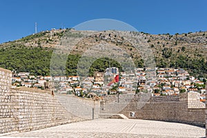 View of Mountain Srd from Fort St. Ivana of City wall Dubrovnink old town in Croatia summer