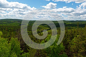 View from the mountain to the forest. White clouds on a blue sky.